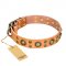'Sophisticated Glamor' FDT Artisan Pitbull Tan Leather Dog Collar with Fashionable Old-Bronze Plated Decorations