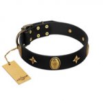 "Star Powder" FDT Artisan Black Leather Pitbull Collar with Ovals and Stars - 1 1/2 inch Wide