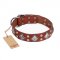 "Magic Squares" FDT Artisan Tan Leather Pitbull Collar with Silver-like Decor