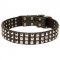 Decorated Leather Pitbull Collar with 3 Rows of Nickel Studs