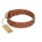 "Waltz of the Flowers" Handmade FDT Artisan Tan Leather Pitbull Collar with Chrome-plated Engraved Studs