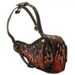 Attack Training Leather Pit Bull Muzzle "Dondi" Painted in Red Flames