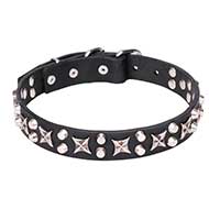 "Shining Stars" 1 1/5 inch (30 mm) Wide Pit Bull Leather Dog Collar