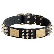 Leather Pitbull Collar Decorated with Massive Plates, Studs, Spikes