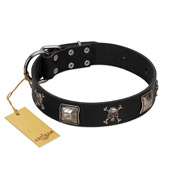 "Sea Rover" Embellished FDT Artisan Black Leather Pitbull Collar with Chrome Plated Crossbones and Plates
