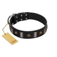 "Pirates' Symbol" Fashionable FDT Artisan Black Leather Pitbull Collar with Silver-Like Plates and Gold-Like Skulls
