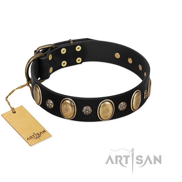 Handy use soft full grain natural leather dog collar with adornments