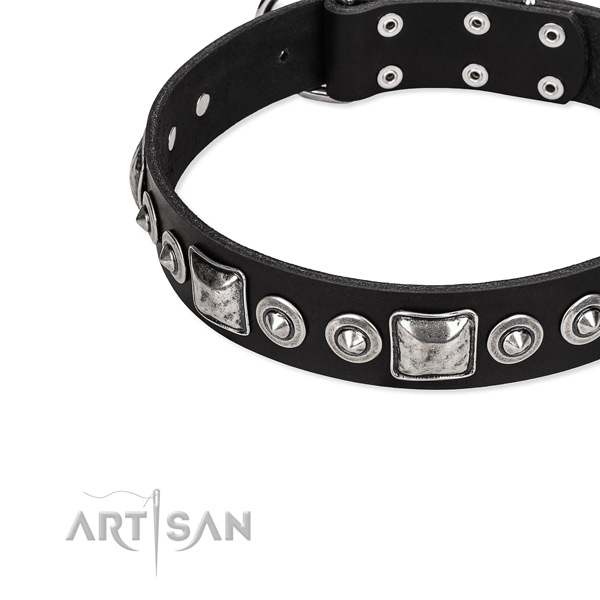 Full grain genuine leather dog collar made of reliable material with adornments