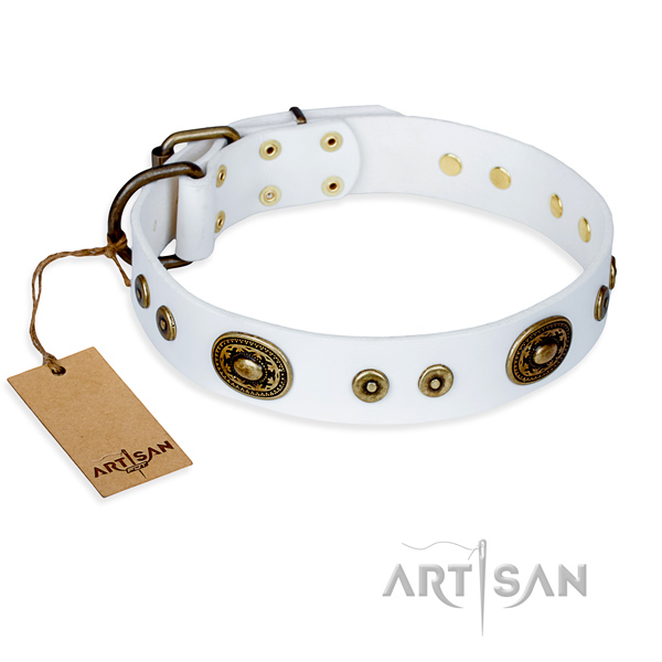 Natural genuine leather dog collar made of flexible material with reliable hardware