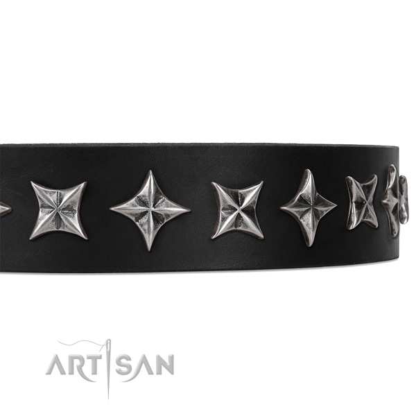 Everyday walking adorned dog collar of durable genuine leather