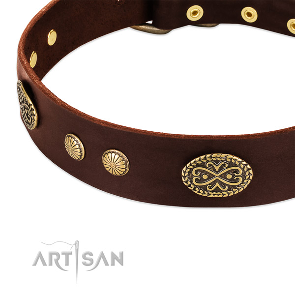 Corrosion resistant D-ring on genuine leather dog collar for your four-legged friend