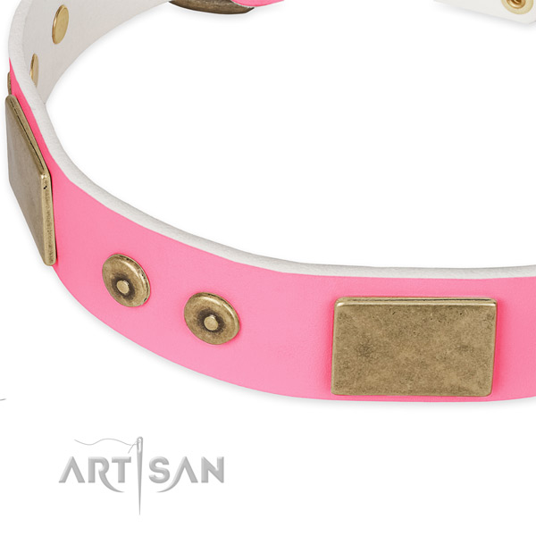 Natural genuine leather dog collar with adornments for walking