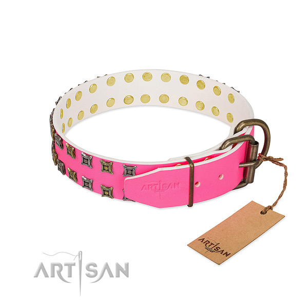 Full grain genuine leather collar with trendy decorations for your doggie