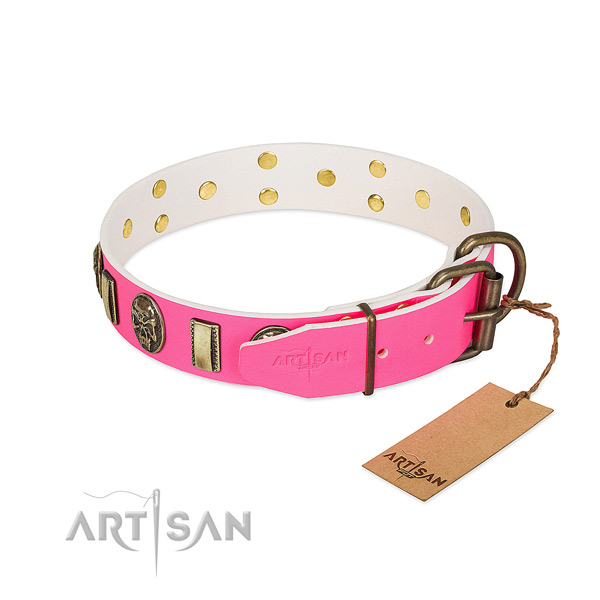 Rust-proof D-ring on full grain natural leather dog collar for your canine