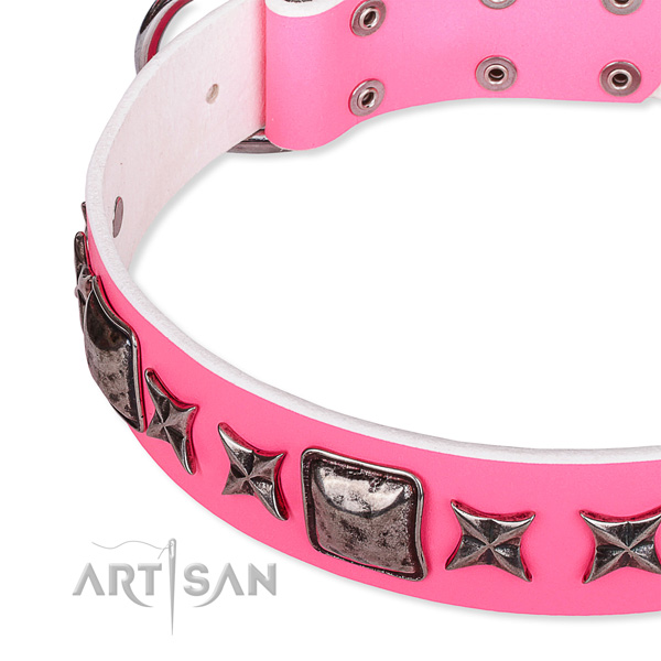Comfy wearing embellished dog collar of durable full grain natural leather