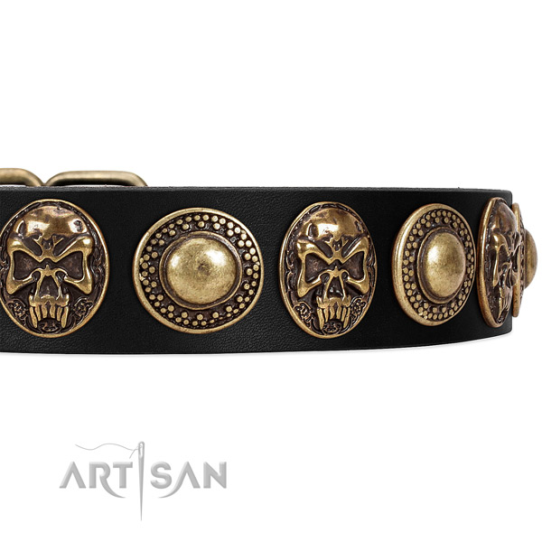 Full grain genuine leather dog collar with decorations for walking