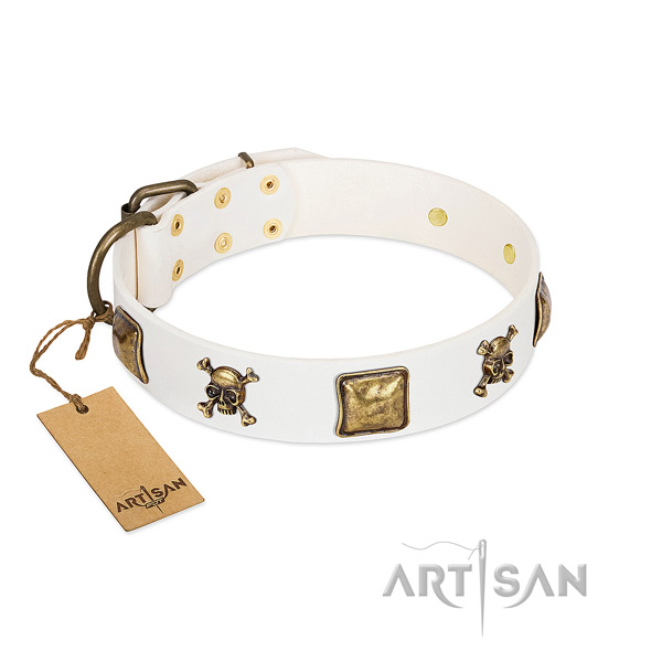 Fashionable leather dog collar with corrosion resistant decorations