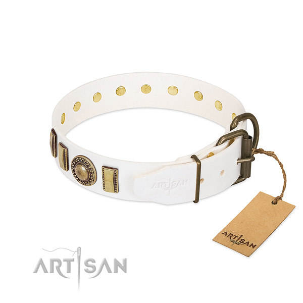 Comfortable full grain natural leather dog collar with strong D-ring