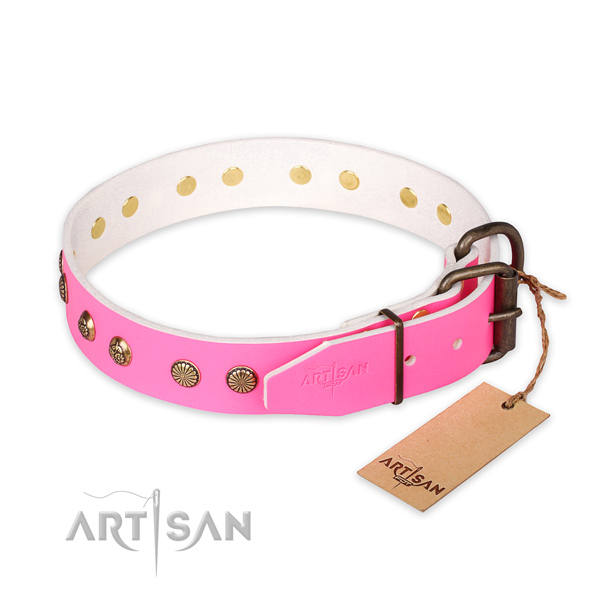 Durable D-ring on natural genuine leather collar for your stylish dog