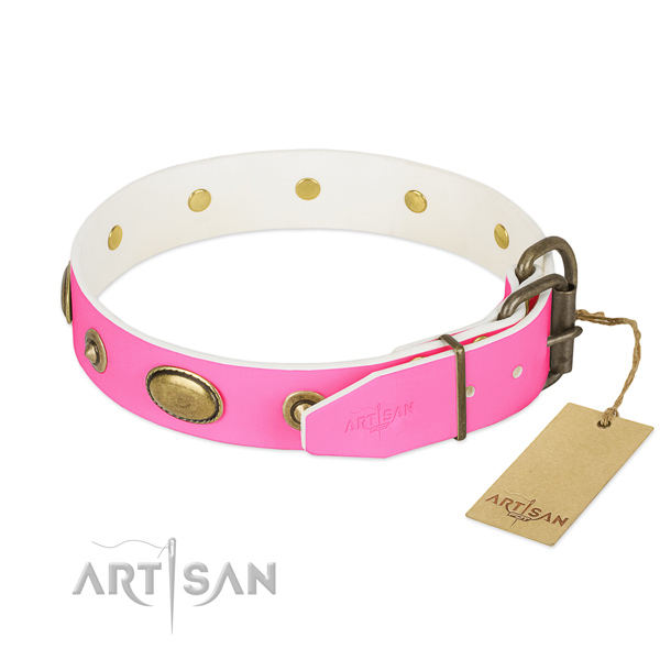 Rust-proof decorations on full grain natural leather dog collar for your doggie