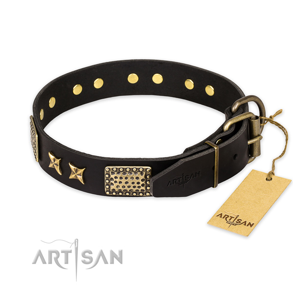Durable buckle on natural genuine leather collar for your handsome four-legged friend
