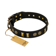 "Simple Elegance" FDT Artisan Black Leather Pitbull Collar with Old Bronze-like Plates and Circles