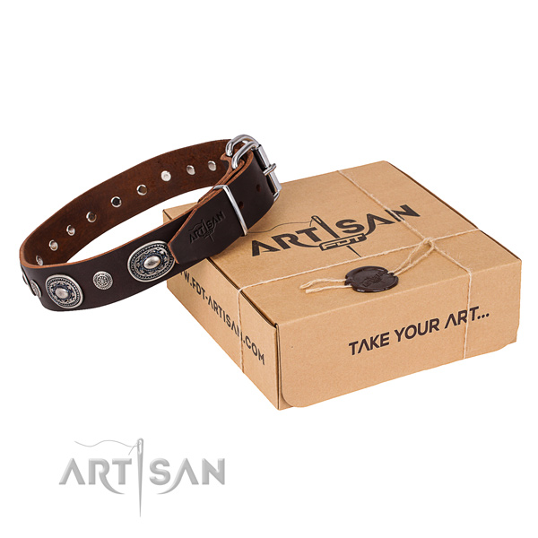 Strong natural genuine leather dog collar handcrafted for everyday use