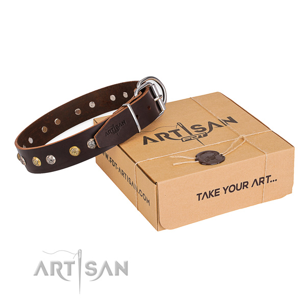 Strong full grain genuine leather dog collar handmade for fancy walking