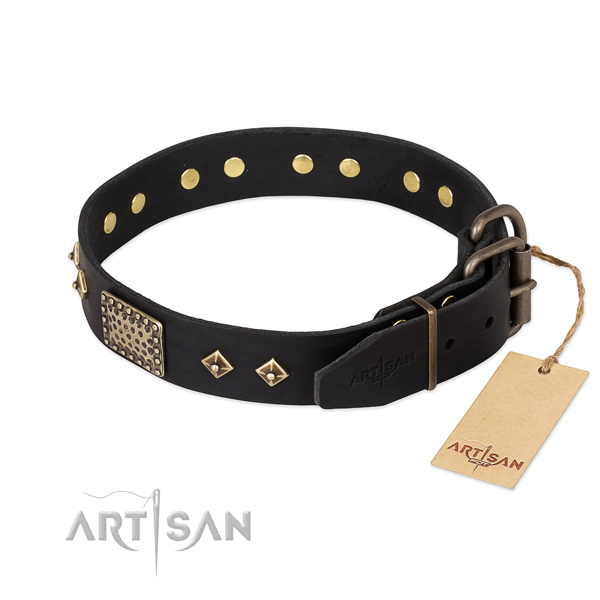 Full grain genuine leather dog collar with reliable D-ring and decorations
