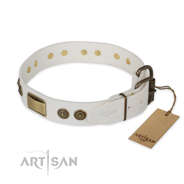 Corrosion proof hardware on full grain leather collar for fancy walking your doggie