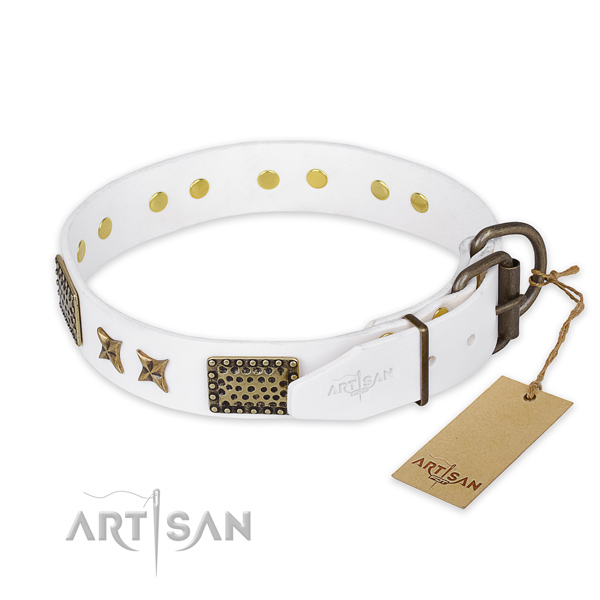 Corrosion resistant traditional buckle on full grain natural leather collar for your impressive four-legged friend