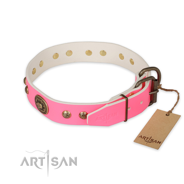 Corrosion proof D-ring on full grain leather collar for fancy walking your doggie