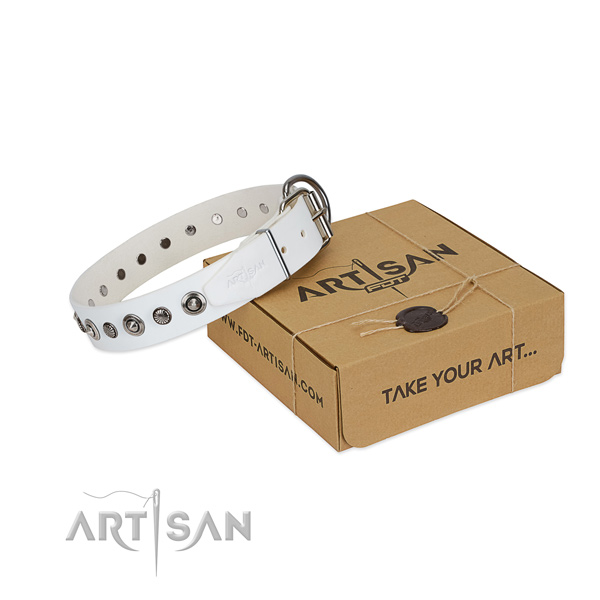 Reliable natural leather dog collar with remarkable decorations