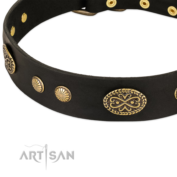 Strong D-ring on natural leather dog collar for your canine