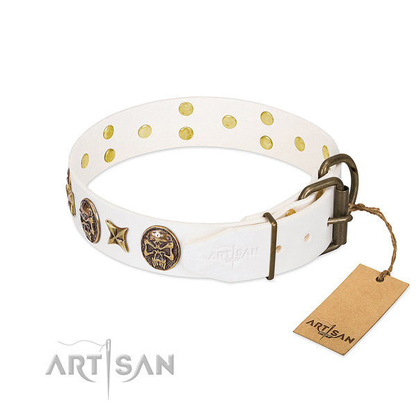 Corrosion proof traditional buckle on natural genuine leather collar for fancy walking your dog