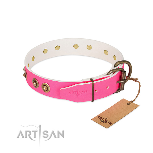 Full grain genuine leather dog collar with corrosion resistant traditional buckle and decorations