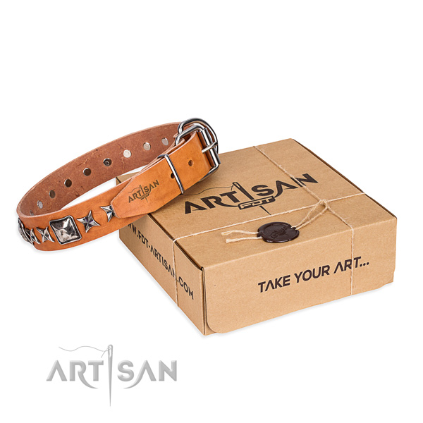 Everyday walking full grain genuine leather dog collar with decorations
