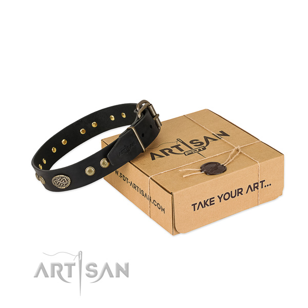 Reliable D-ring on natural leather dog collar for your pet