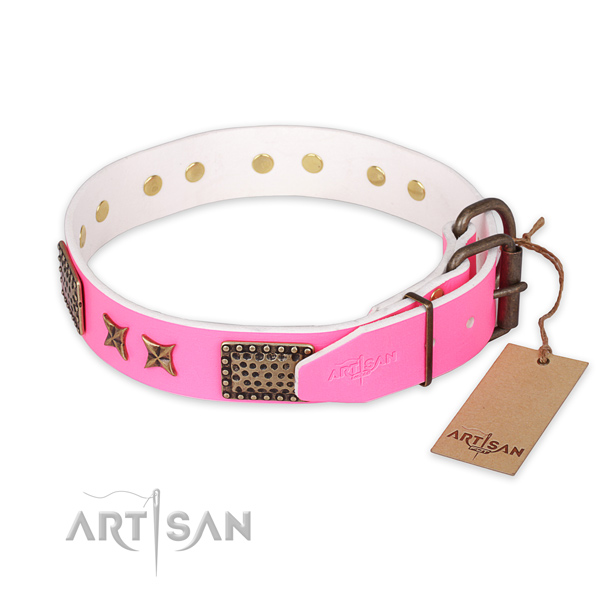 Reliable D-ring on natural genuine leather collar for your beautiful dog