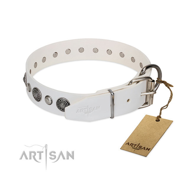 Flexible genuine leather dog collar with corrosion resistant hardware