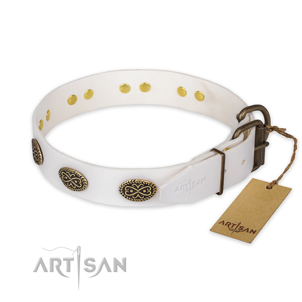 Reliable D-ring on full grain natural leather collar for basic training your dog