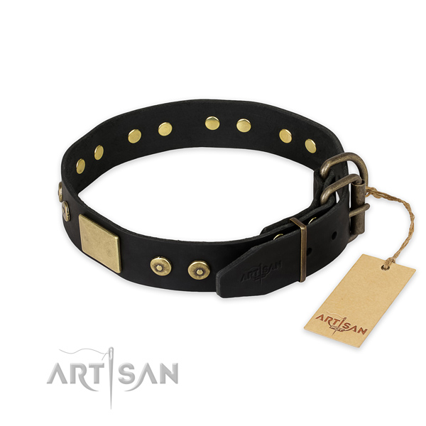 Corrosion proof D-ring on natural genuine leather collar for stylish walking your dog