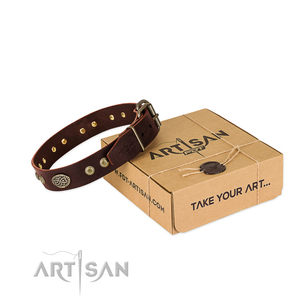 Rust resistant D-ring on full grain genuine leather dog collar for your dog