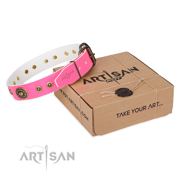 Genuine leather dog collar made of quality material with strong hardware