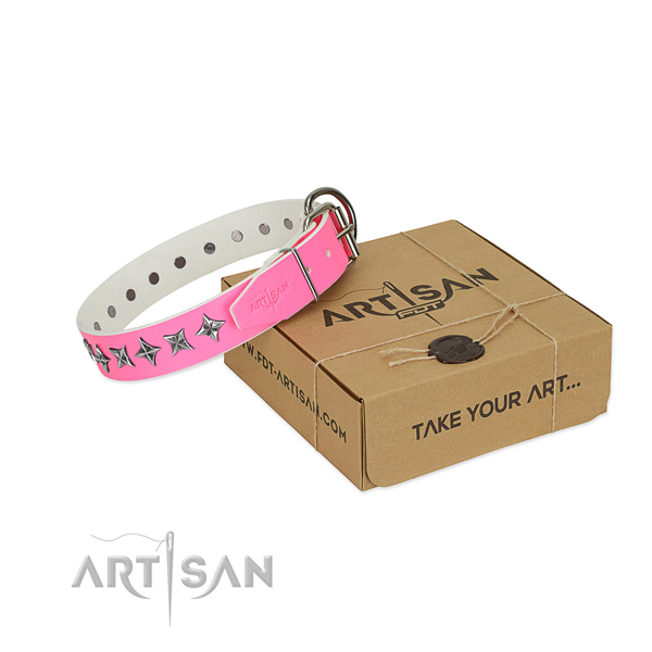 Quality full grain natural leather dog collar with significant decorations