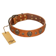 "Rockstar" FDT Artisan Tan Leather Pitbull Collar with Engraved Studs and Medallions
