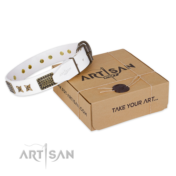 Reliable traditional buckle on full grain natural leather collar for your impressive four-legged friend