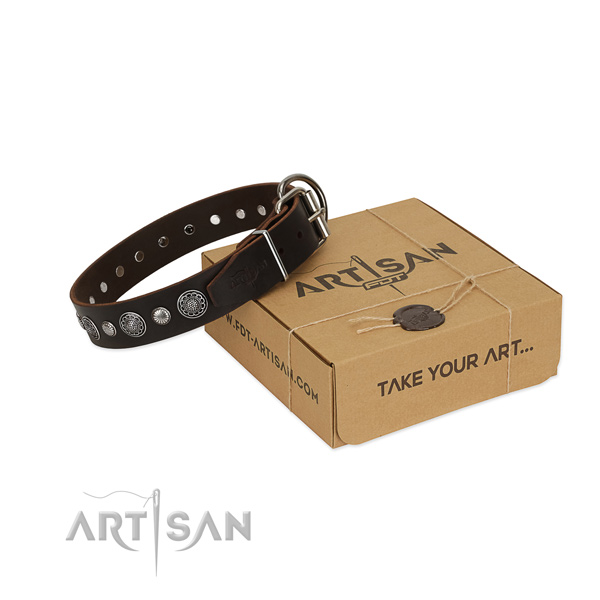 Durable full grain natural leather dog collar with incredible decorations