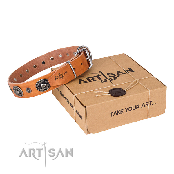 Flexible full grain natural leather dog collar handmade for daily walking