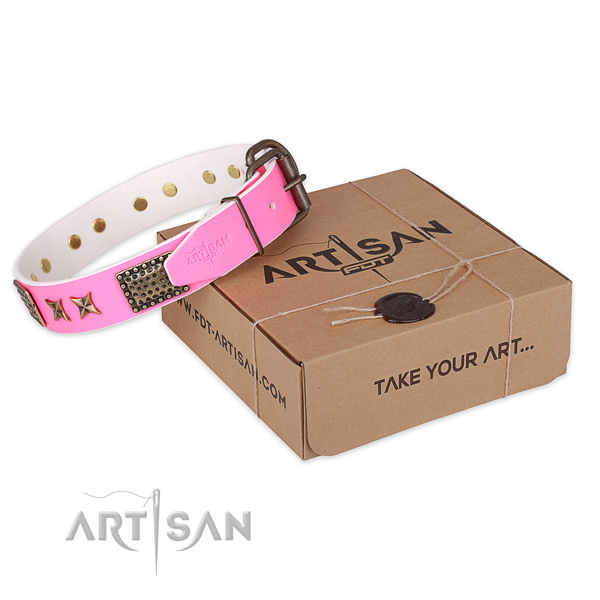 Rust-proof buckle on leather collar for your lovely canine